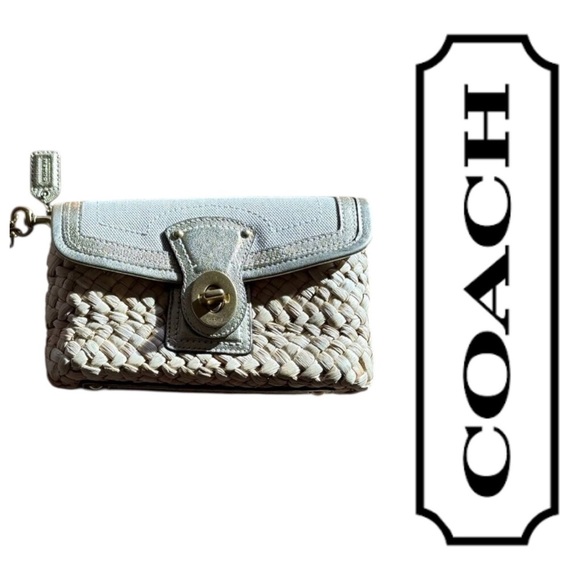 COACH Straw & Leather Turnlock Clutch, Natural Linen - Picture 2 of 3
